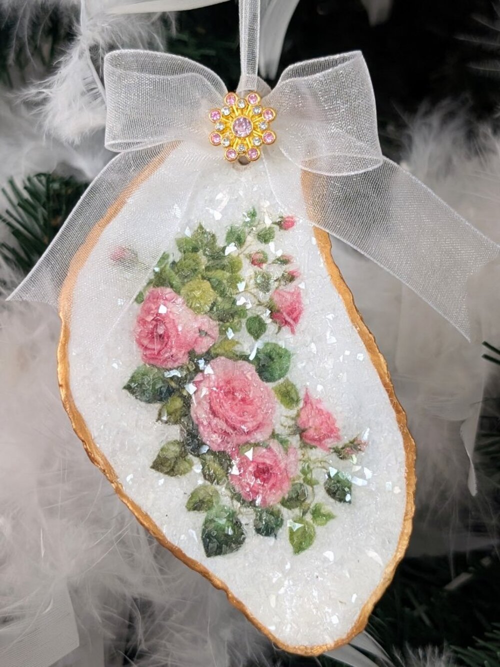 Pink Rose Decoupage Oyster Shell Christmas Ornament Shabby Cottage Chic